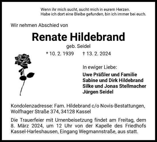 Todesanzeige von Bestattungen Hildebrand von HNA