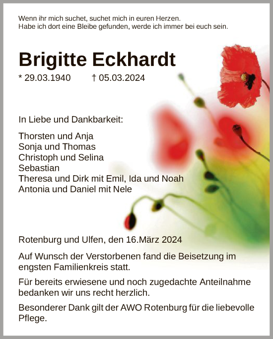 Todesanzeige von Brigitte Eckhardt von HNA