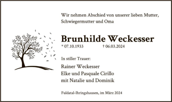 Todesanzeige von Brunhilde Weckesser von HNA