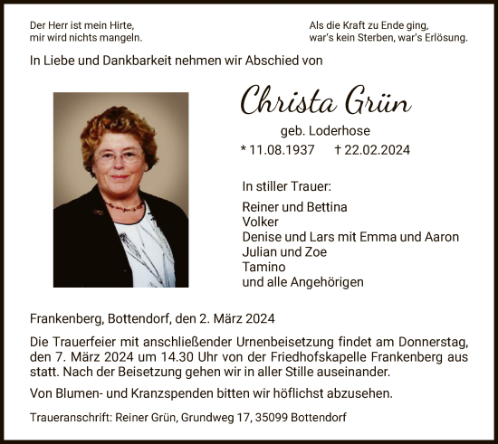 Todesanzeige von Christa Grün von HNA