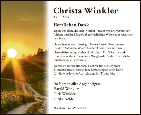 Todesanzeige von Christa Winkler von HNA