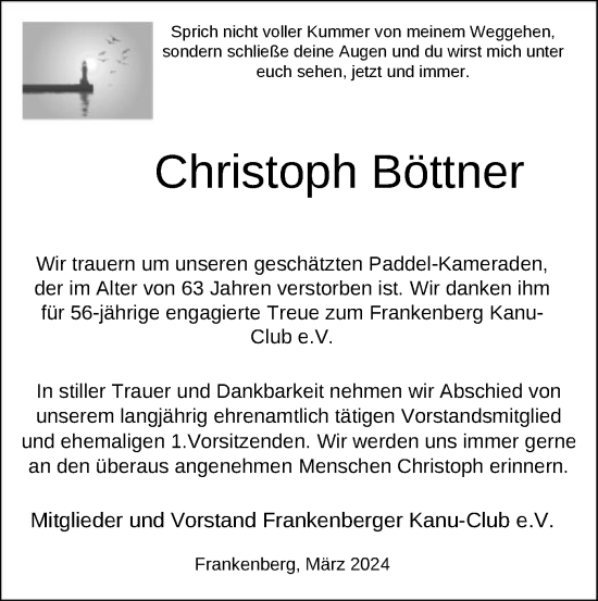 Todesanzeige von Christoph Böttner von HNA