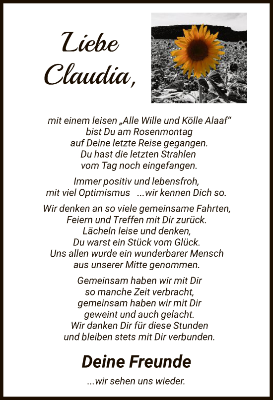 Todesanzeige von Claudia  von HNA