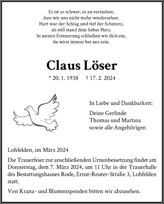 Todesanzeige von Claus Löser von HNA