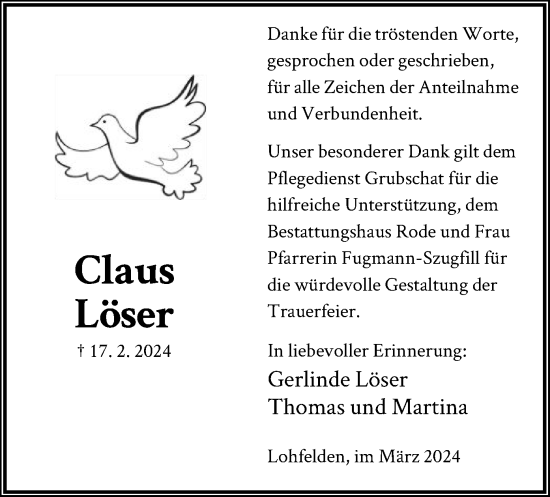 Todesanzeige von Claus Löser von HNA