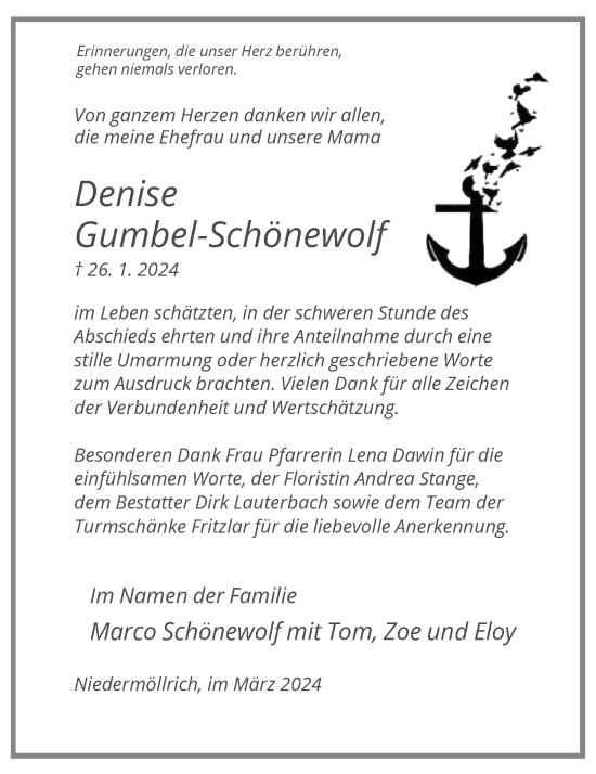 Todesanzeige von Denise Gumbel-Schönewolf von HNA