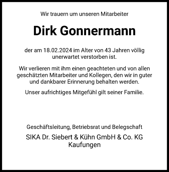 Todesanzeige von Dirk Gonnermann von HNA