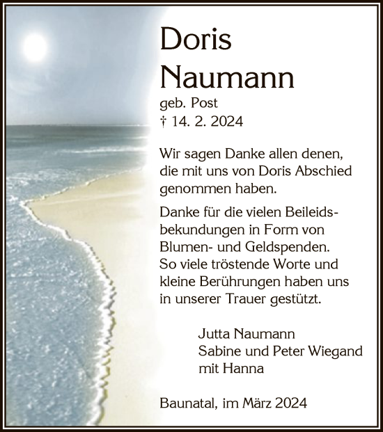 Todesanzeige von Doris Naumann von HNAHNAHNA