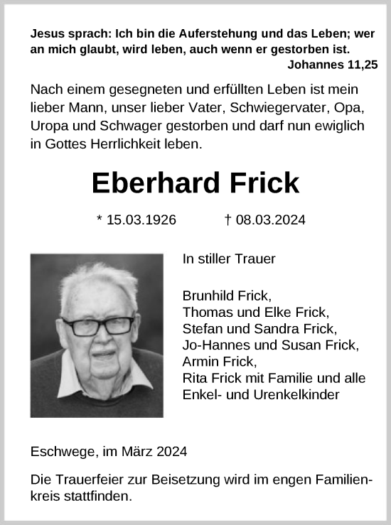 Todesanzeige von Eberhard Frick von HNA