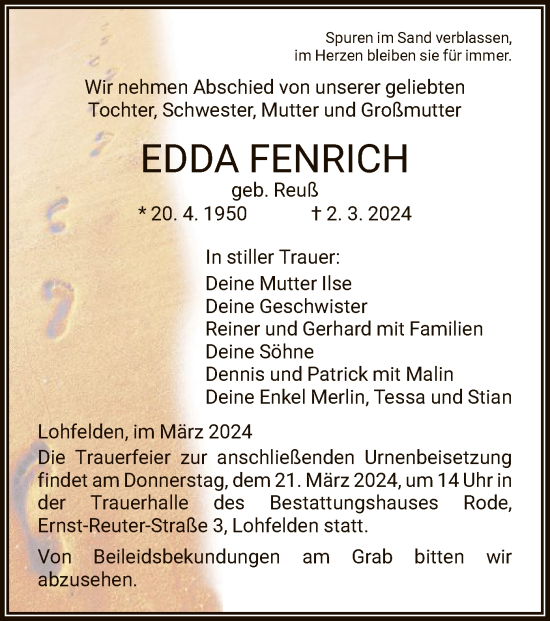 Todesanzeige von Edda Fenrich von HNAHNA
