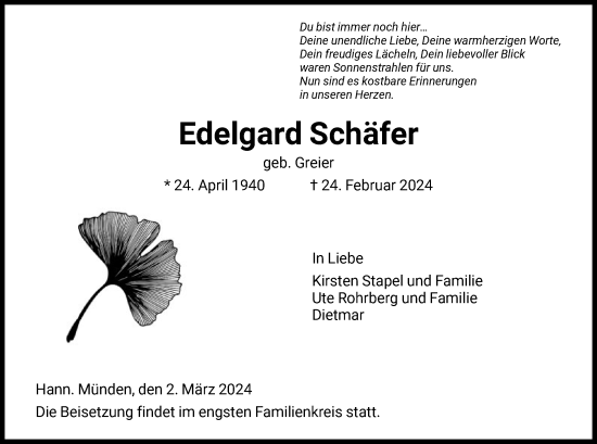 Todesanzeige von Edelgard Schäfer von HNA