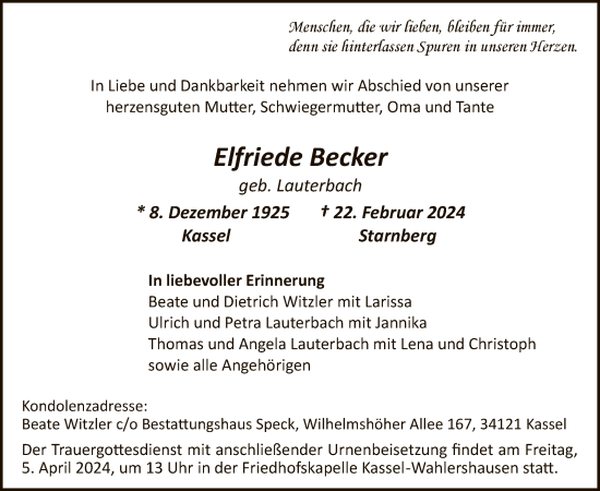 Todesanzeige von Elfriede Becker von HNA