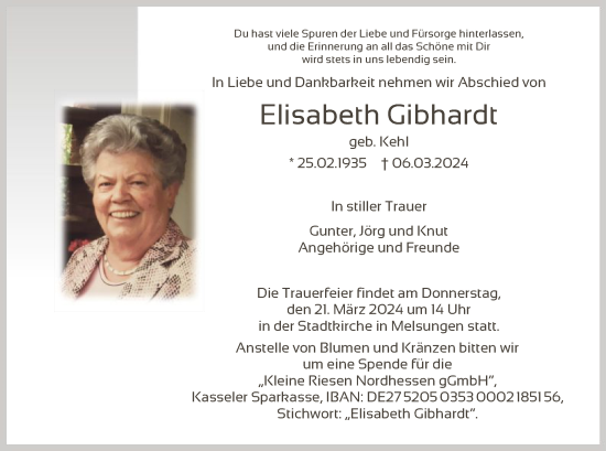 Todesanzeige von Elisabeth Gibhardt von HNA