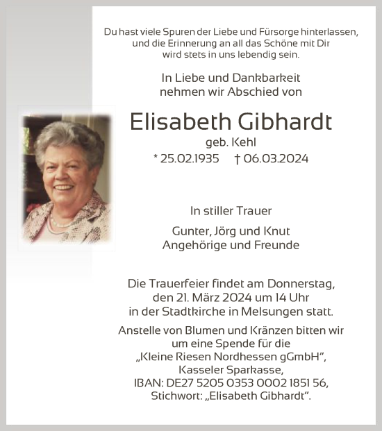 Todesanzeige von Elisabeth Gibhardt von HNA