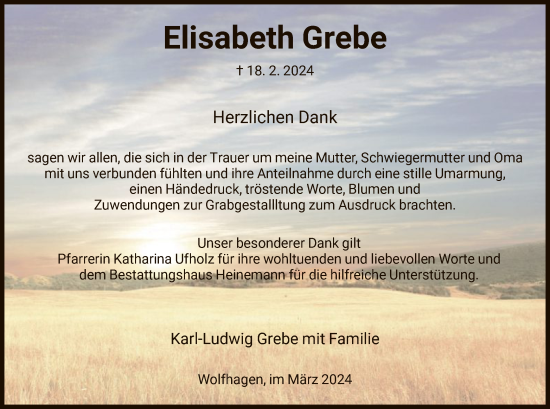 Todesanzeige von Elisabeth Grebe von HNA