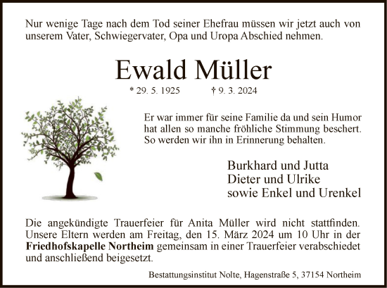 Todesanzeige von Ewald Müller von HNA