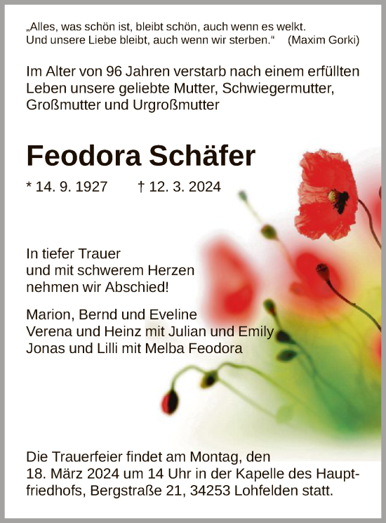 Todesanzeige von Feodora Schäfer von HNA