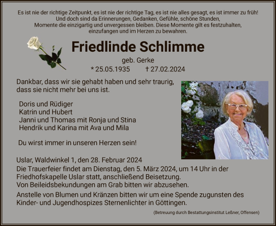 Todesanzeige von Friedlinde Schlimme von HNA