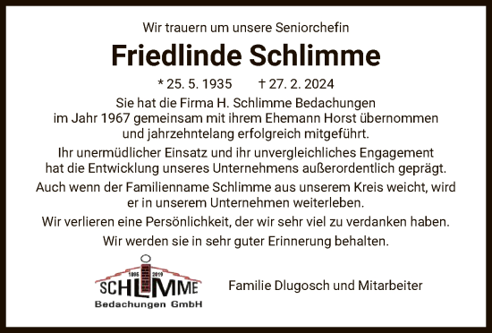Todesanzeige von Friedlinde Schlimme von HNA