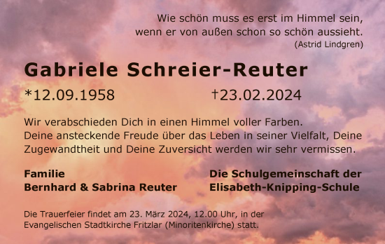 Todesanzeige von Gabriele Schreier-Reuter von HNA