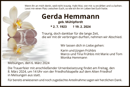 Todesanzeige von Gerda Hemmann von HNA