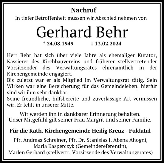 Todesanzeige von Gerhard Behr von HNA