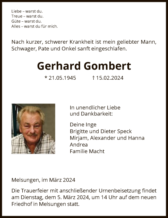 Todesanzeige von Gerhard Gombert von HNA
