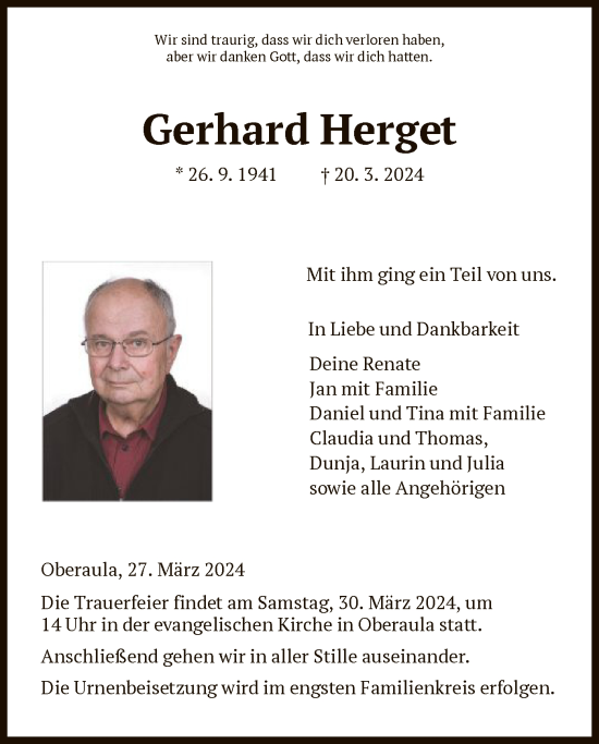 Todesanzeige von Gerhard Herget von HNAHZ