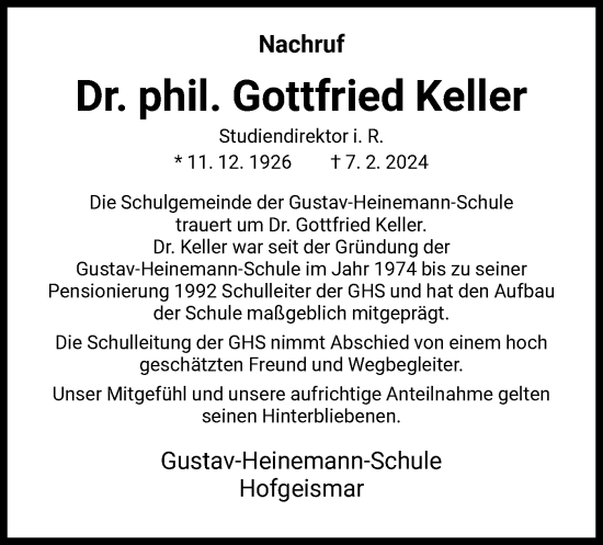 Todesanzeige von Gottfried Keller von HNA