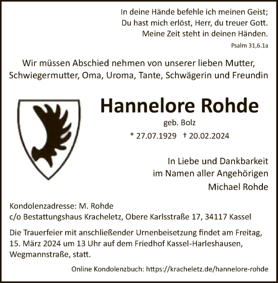 Todesanzeige von Hannelore Rohde von HNA