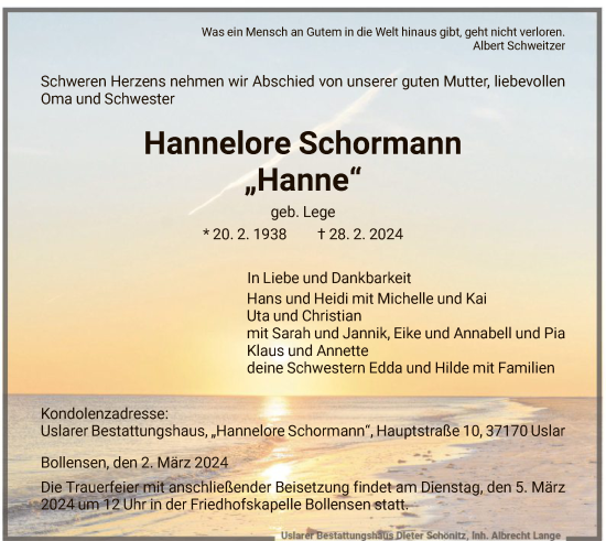 Todesanzeige von Hannelore Schormann von HNA