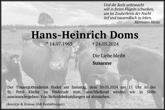 Todesanzeige von Hans-Heinrich Doms von HNA