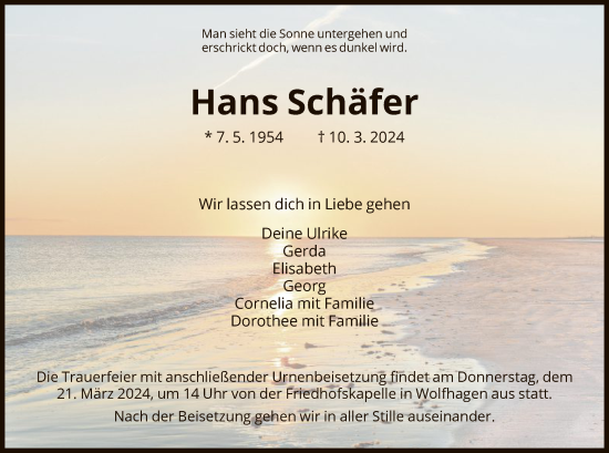 Todesanzeige von Hans Schäfer von HNA