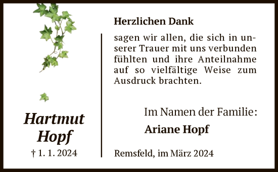 Todesanzeige von Hartmut Hopf von HNA