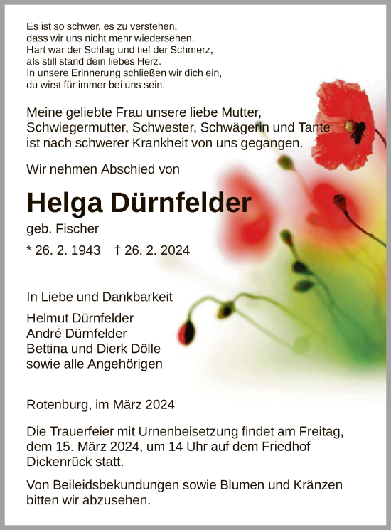 Todesanzeige von Helga Dürnfelder von HNA