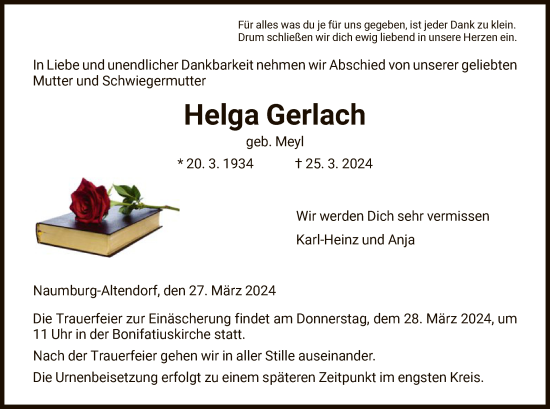 Todesanzeige von Helga Gerlach von HNA