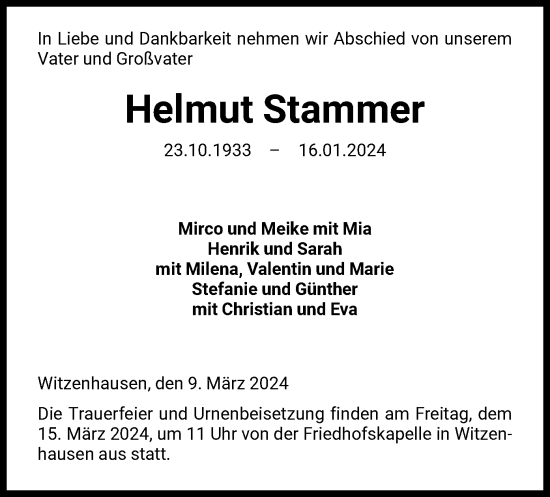 Todesanzeige von Helmut Stammer von HNA