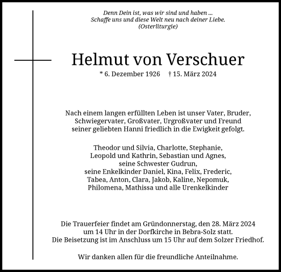 Todesanzeige von Helmut von Verschuer von HNA