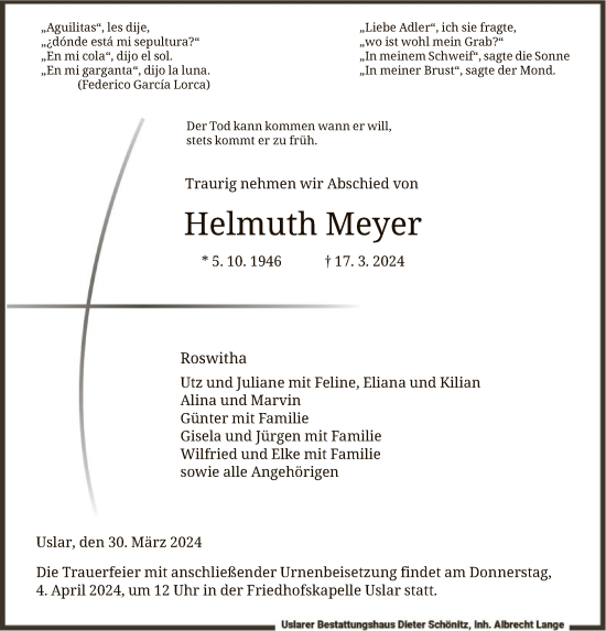 Todesanzeige von Helmuth Meyer von HNA