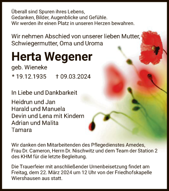 Todesanzeige von Herta Wegener von HNA