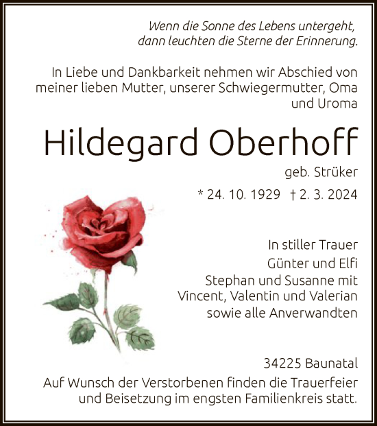 Todesanzeige von Hildegard Oberhoff von HNA