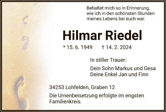 Todesanzeige von Hilmar Riedel von HNA