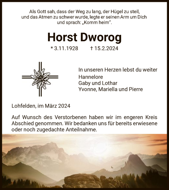 Todesanzeige von Horst Dworog von HNA