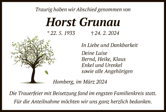 Todesanzeige von Horst Grunau von HNA