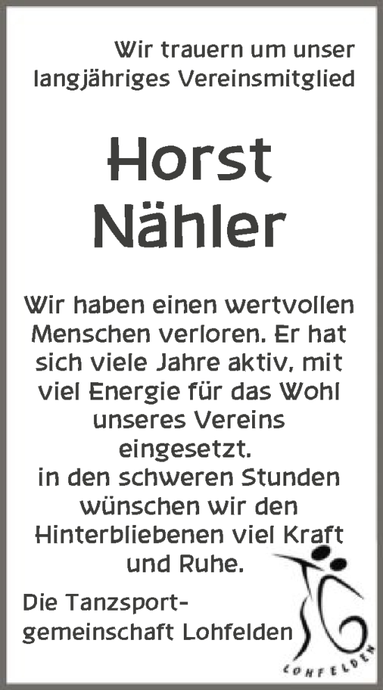 Todesanzeige von Horst Nähler von HNA