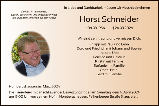 Todesanzeige von Horst Schneider von HNA