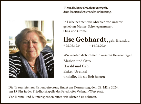 Todesanzeige von Ilse Gebhardt von HNA
