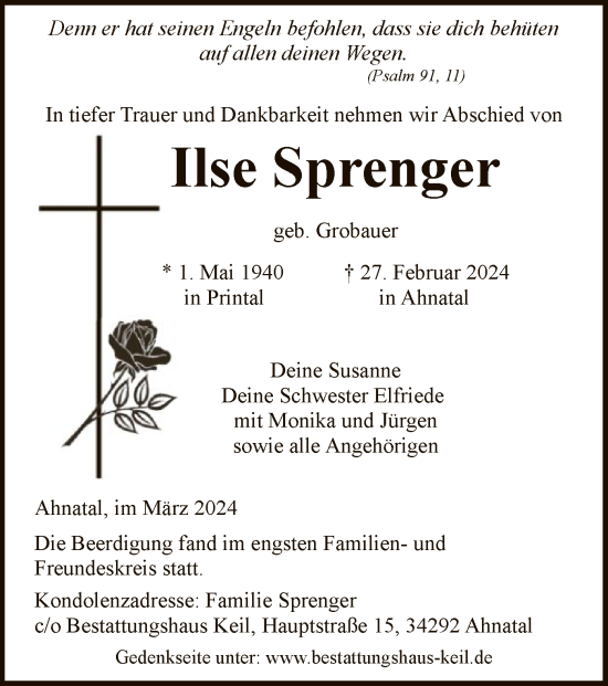 Todesanzeige von Ilse Sprenger von HNA