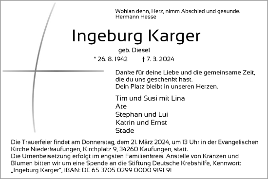 Todesanzeige von Ingeburg Karger von HNA