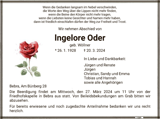 Todesanzeige von Ingelore Oder von HNA